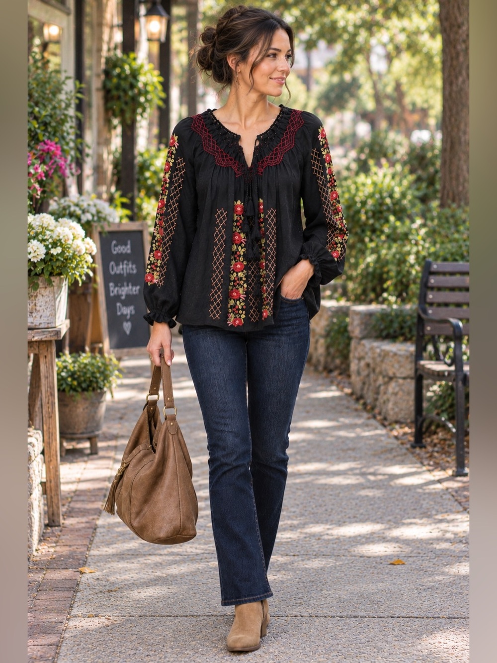 J Jill Embroidered Boho Peasant Blouse Tassel Tie Black Red Size S